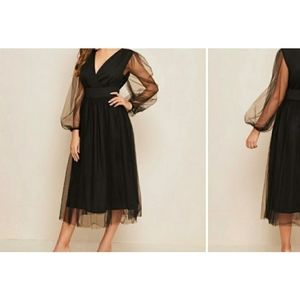 New Black V Neck Mesh Overlay Dress